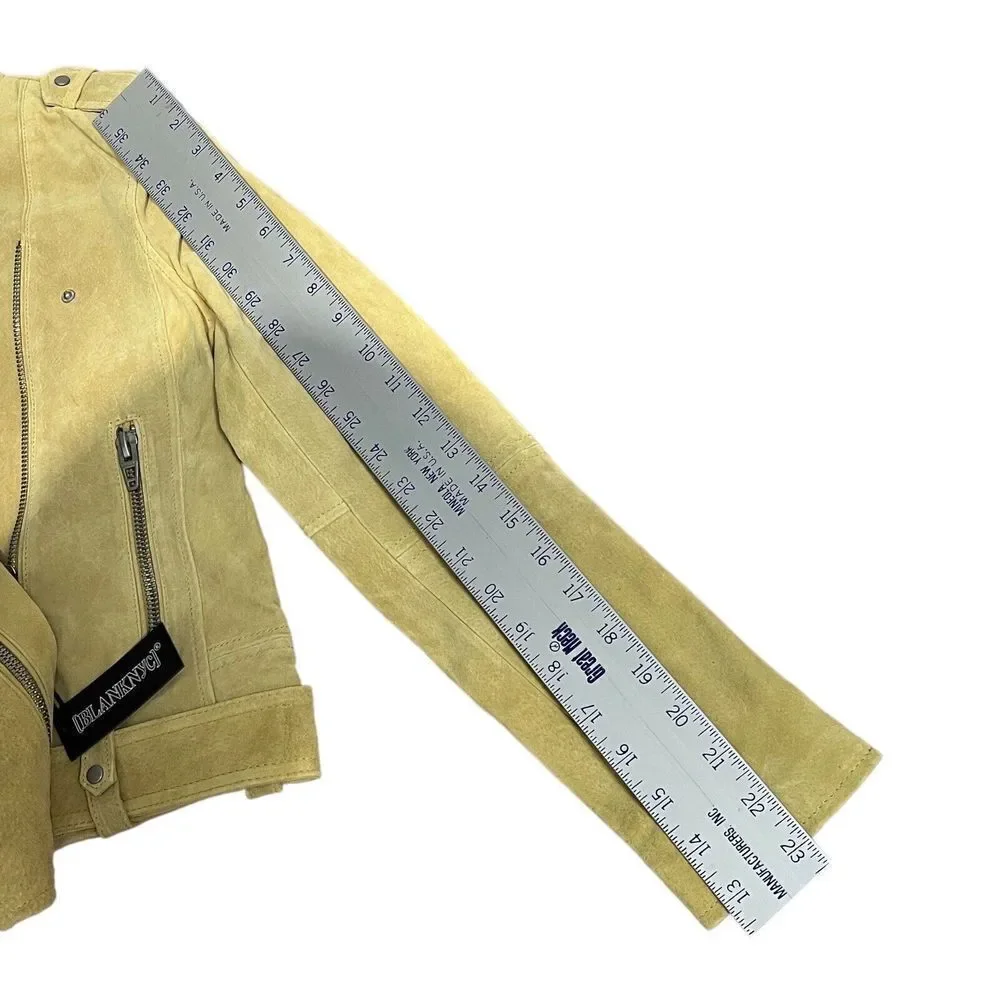 Blank‎ NYC Jacket WMNS S Yellow Suede Leather Moto Bright Colorful Statement Zip
